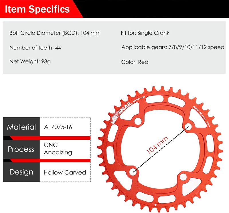 BESNIN Chainring 104 BCD Chainring 30T 32T 34T 36T 38T 40T 42T 44T 46T 48T 50T 52T Narrow Wide Tooth Round Chainring for 7/8/9/10/11/12 Speed MTB BMX Road Bike - Image 2